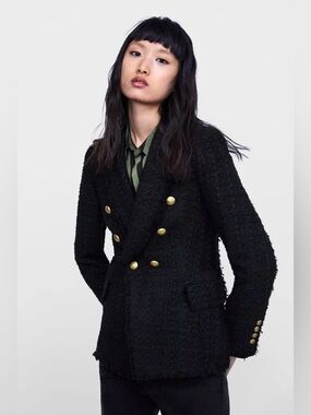 NWOT Zara Black Double-Breasted Bouclé Blazer with Gold Buttons Size S